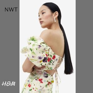 NWT H&M Floral Off the Shoulders Linen Blend Mini Dress, Sz S